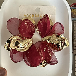Bordo Tül Çiçek Küpe