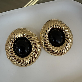 Siyah-gold Yuvarlak Küpe