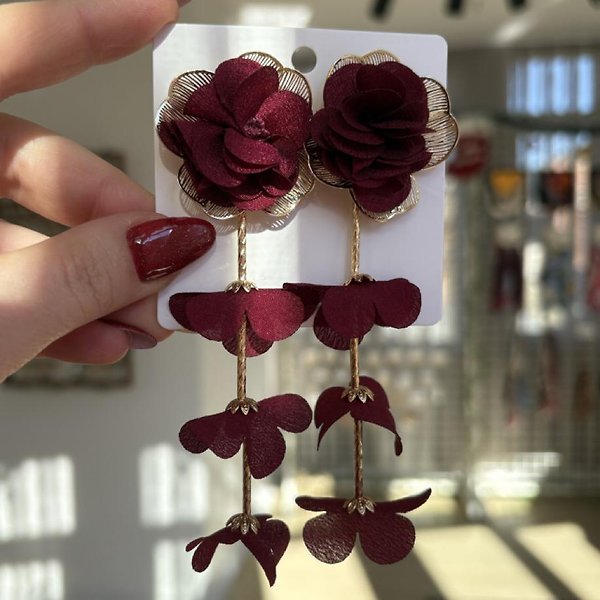 Bordo Çiçek Uzun Küpe